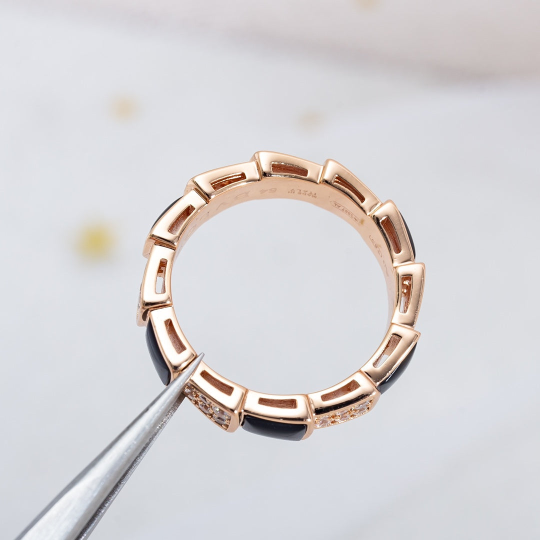 DIANA SERPENTI RING PINK GOLD BLACK MOP DIAMOND PAVED 4MM