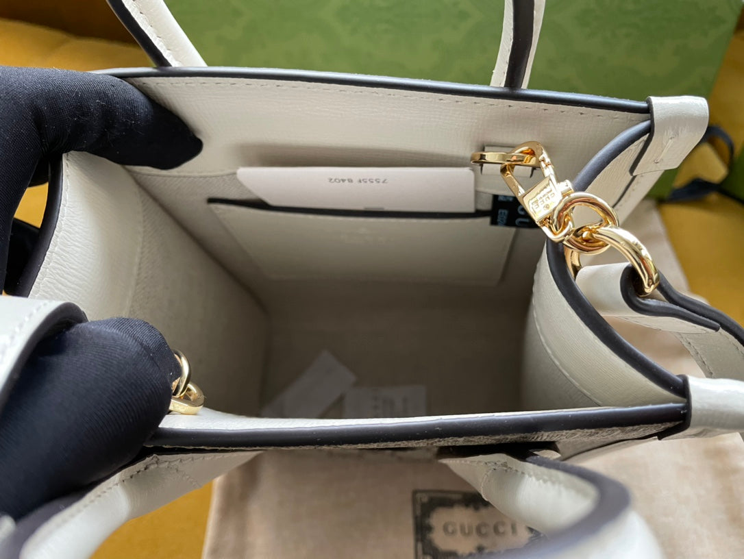 MINI TOTE 20 BAG IN BEIGE CANVAS AND WHITE CALFSKIN