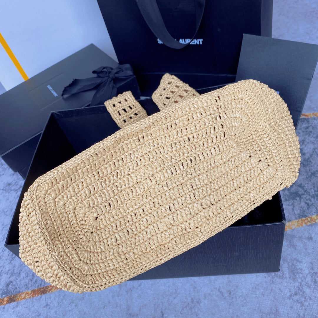 le 5a7 large 30cm woven raffia brown calfskin