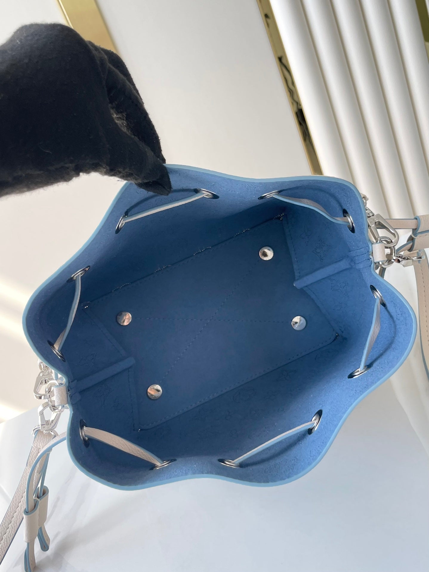 BELLA 22 IN WHITE PERFORATED CALFSKIN SILVER HARDWARE