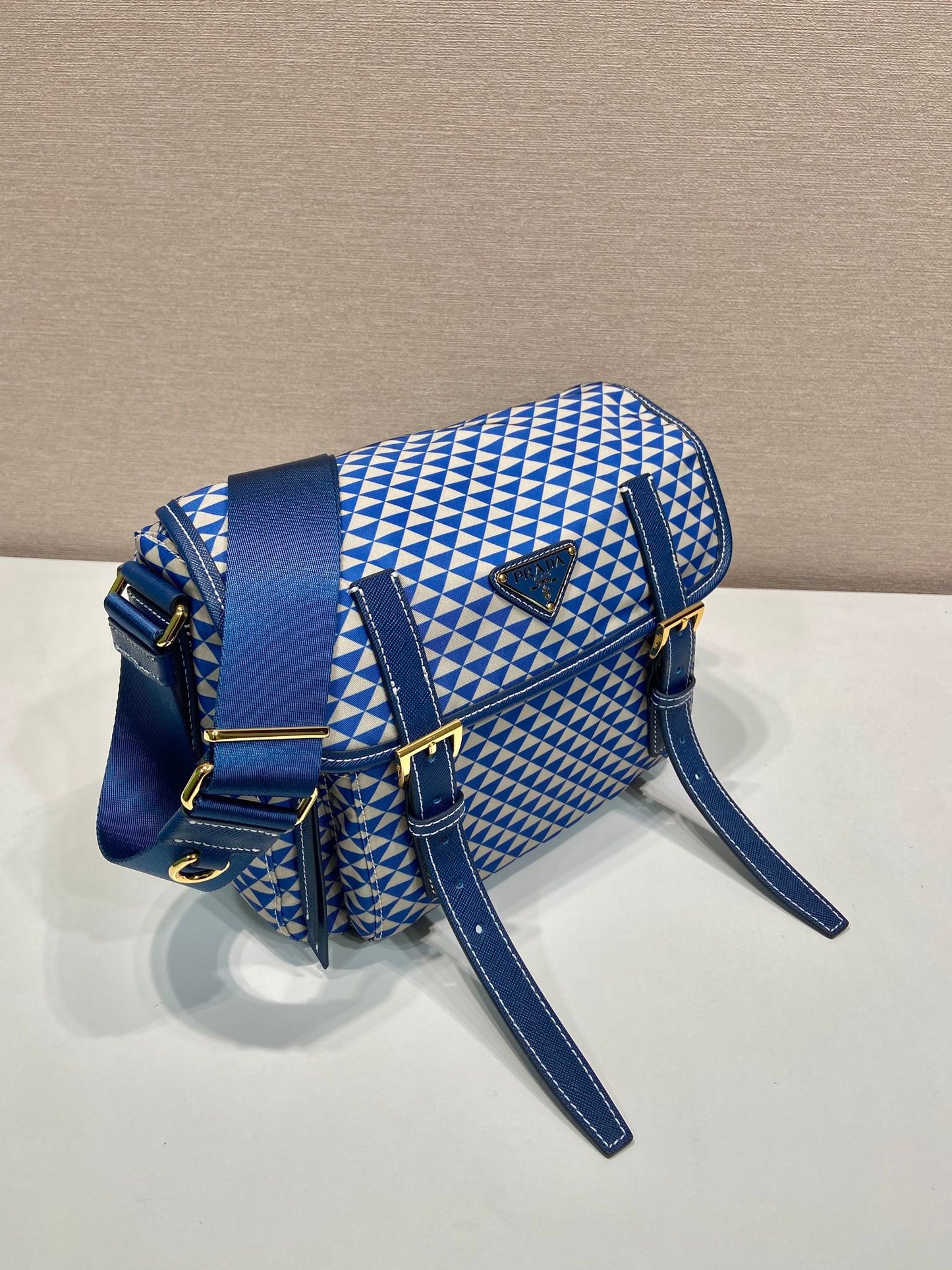 MESSENGER BAG 25 IN BLUE MIX WHITE TRIANGLE PATTERN EMBROIDERED FABRIC