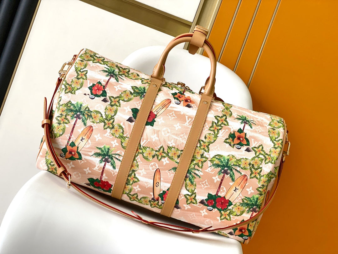KEEPALL BANDOULI¨¨RE 50 IN SAND TROPICAL MOTIFS MONOGRAM SURFIN CANVAS