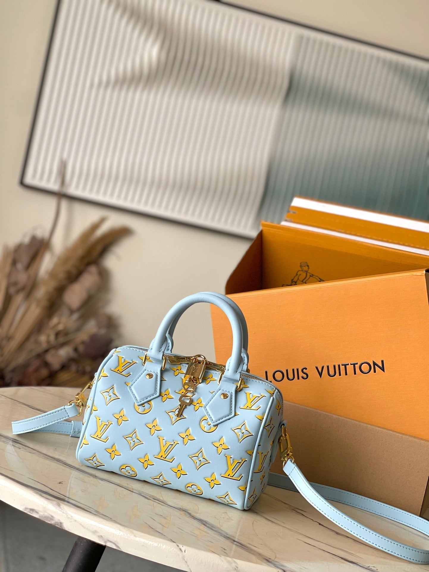 SPEEDY BANDOULI¨¨RE 20 IN SKY YELLOW MONOGRAM CALFSKIN GOLD BUCKLE