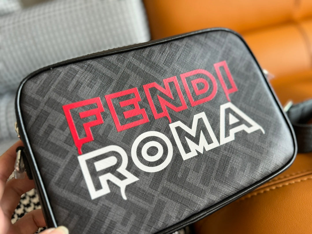 CLUTCH 22 WITH FF MOTIF IN DARK GRAY TEXTURED FABRIC AND BLACK LAMBSKIN TRIM