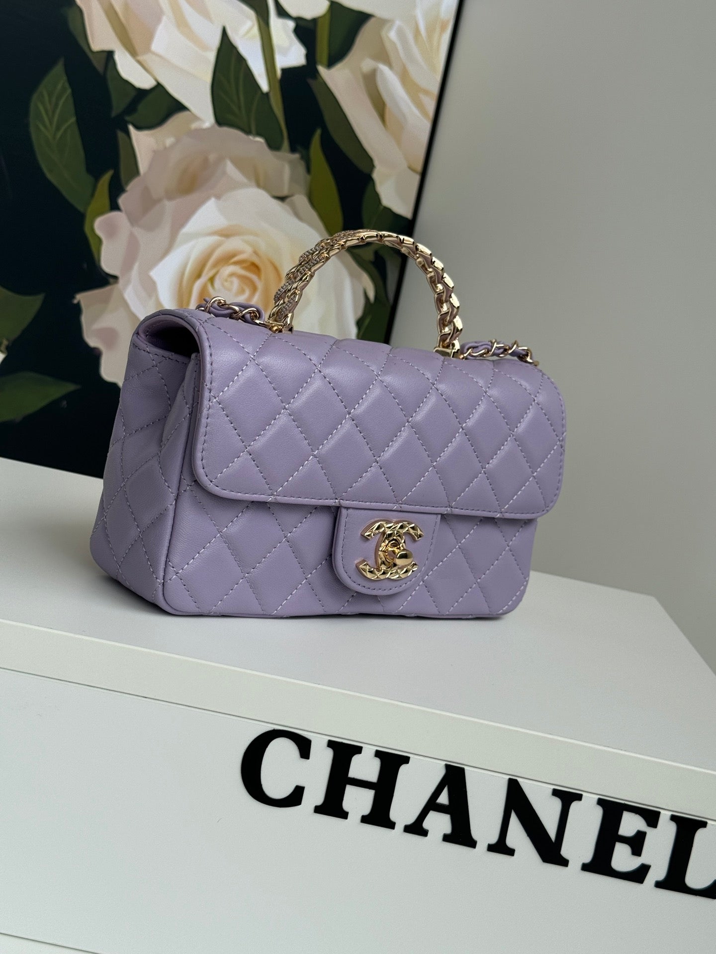 24c mini flap bag 20cm with top handle violet lambskin