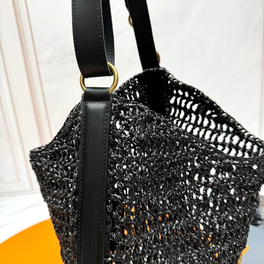 YSL OXALIS 37CM BLACK RAFFIA TAN CALFSKIN