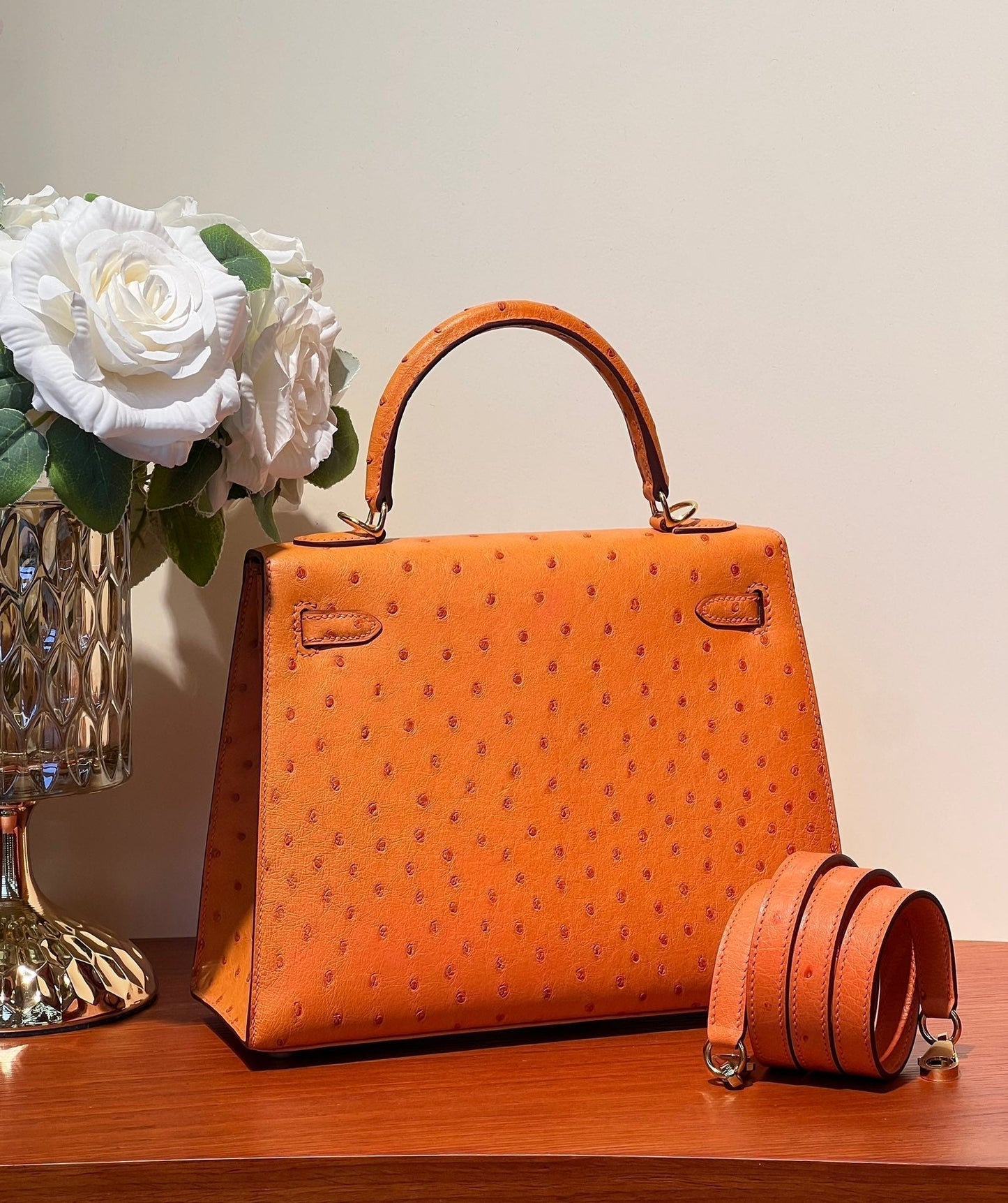 KELLY SELLIER 25 BAG IN FIRE ORANGE OSTRICH LEATHER WITH GOLD HARDWARE (MADE - TO - ODER)