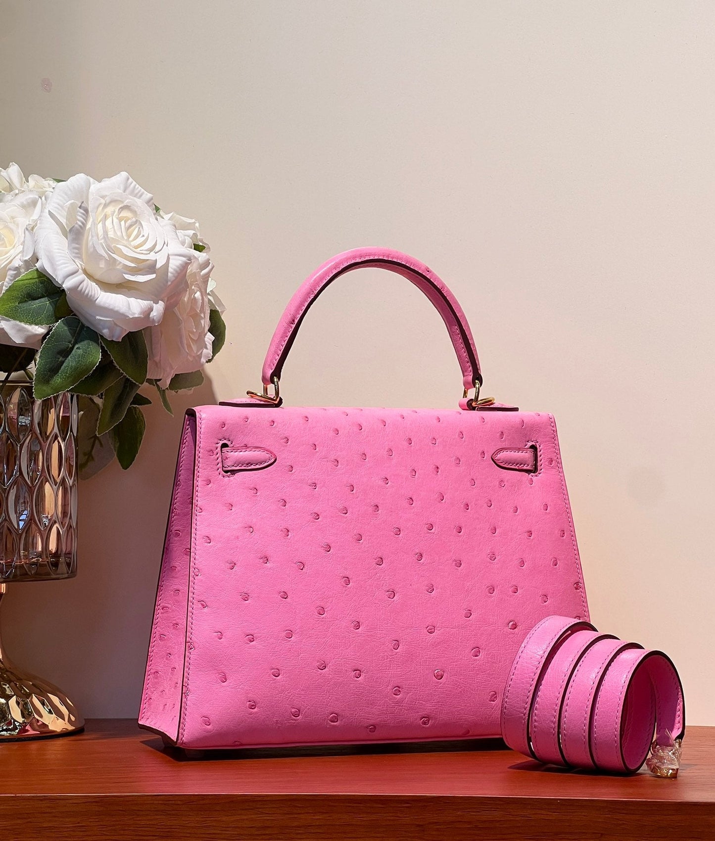 KELLY SELLIER 25 BAG IN DOLL PINK OSTRICH LEATHER WITH GOLD HARDWARE (MADE - TO - ODER)