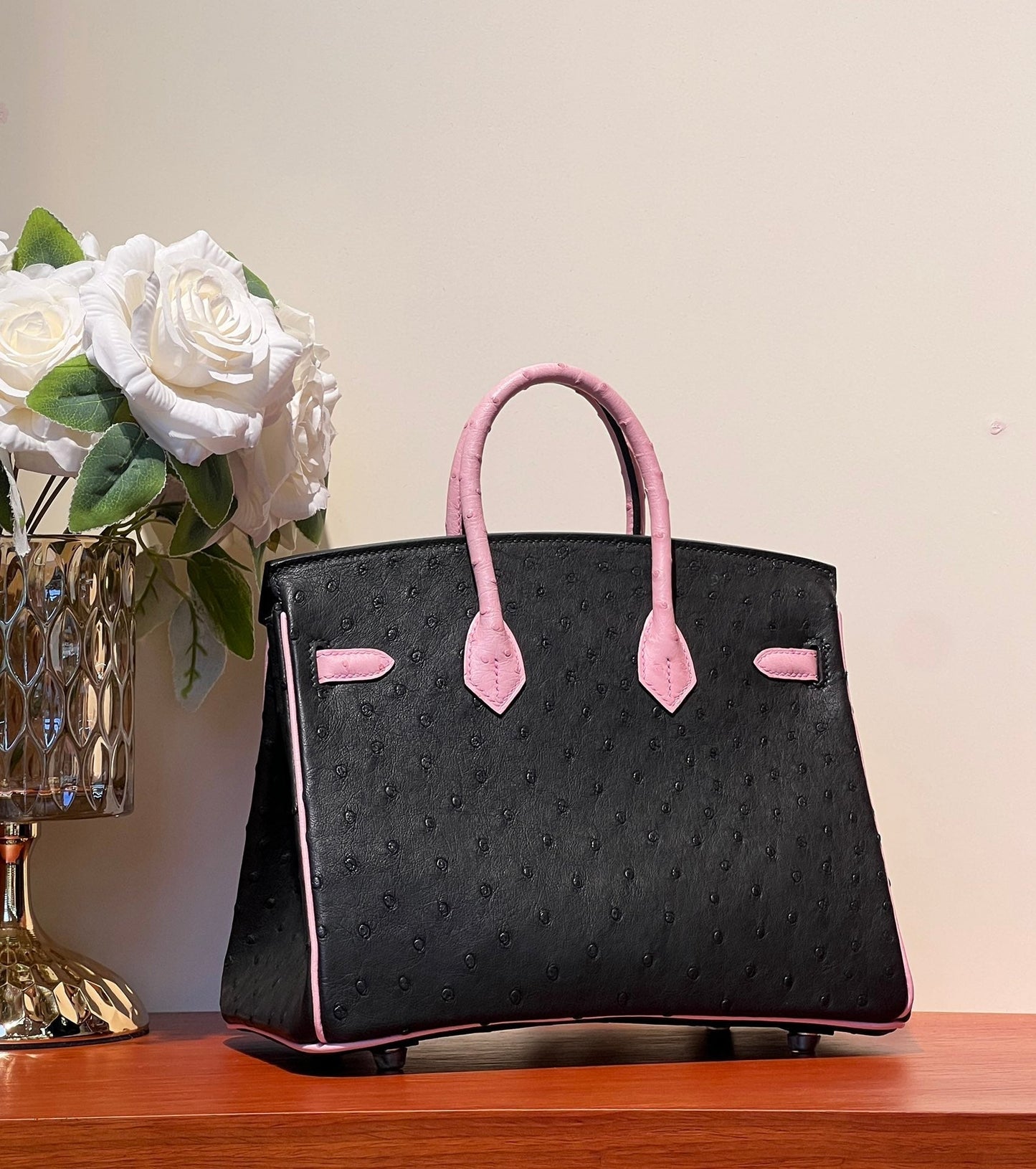 KELLY SELLIER 25 BAG IN BLACK MIX BABY PINK OSTRICH LEATHER (MADE - TO - ODER)