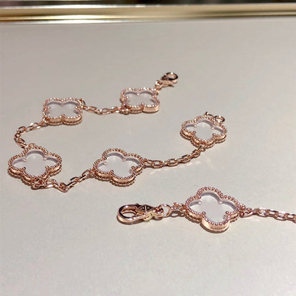 DIANA CLOVER 5 MOTIF ROCK CRYSTAL PINK GOLD BRACELET