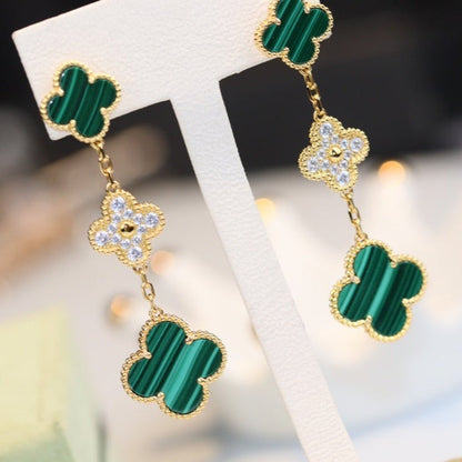 DIANA CLOVER EARRINGS GOLD MALACHITE DIAMOND 3 MOTIF
