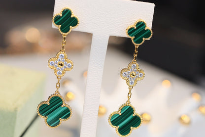 DIANA CLOVER EARRINGS GOLD MALACHITE DIAMOND 3 MOTIF