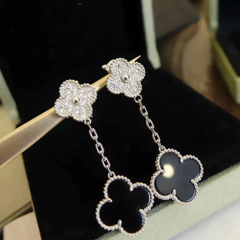 DIANA CLOVER 2 MOTIFS  DIAMOND ONYX EARRINGS SILVER