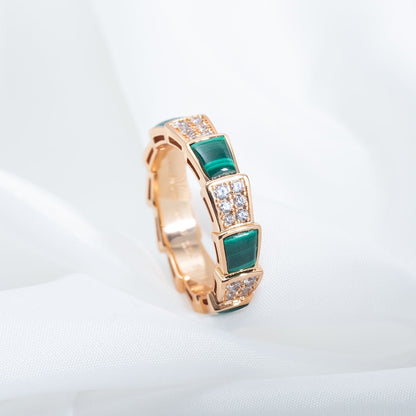DIANA SERPENTI RING PINK GOLD MALACHITE DIAMOND PAVED 4MM