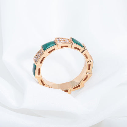 DIANA SERPENTI RING PINK GOLD MALACHITE DIAMOND PAVED 4MM