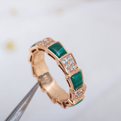 DIANA SERPENTI RING PINK GOLD MALACHITE DIAMOND PAVED 4MM