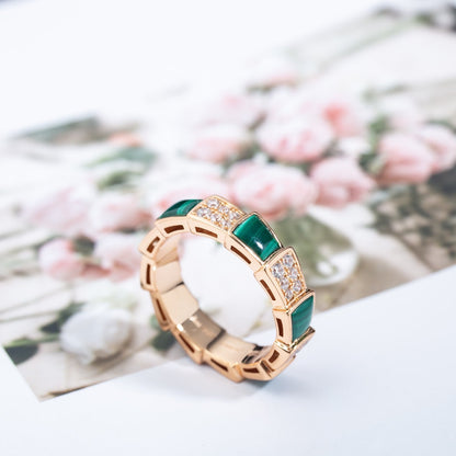 DIANA SERPENTI RING PINK GOLD MALACHITE DIAMOND PAVED 4MM