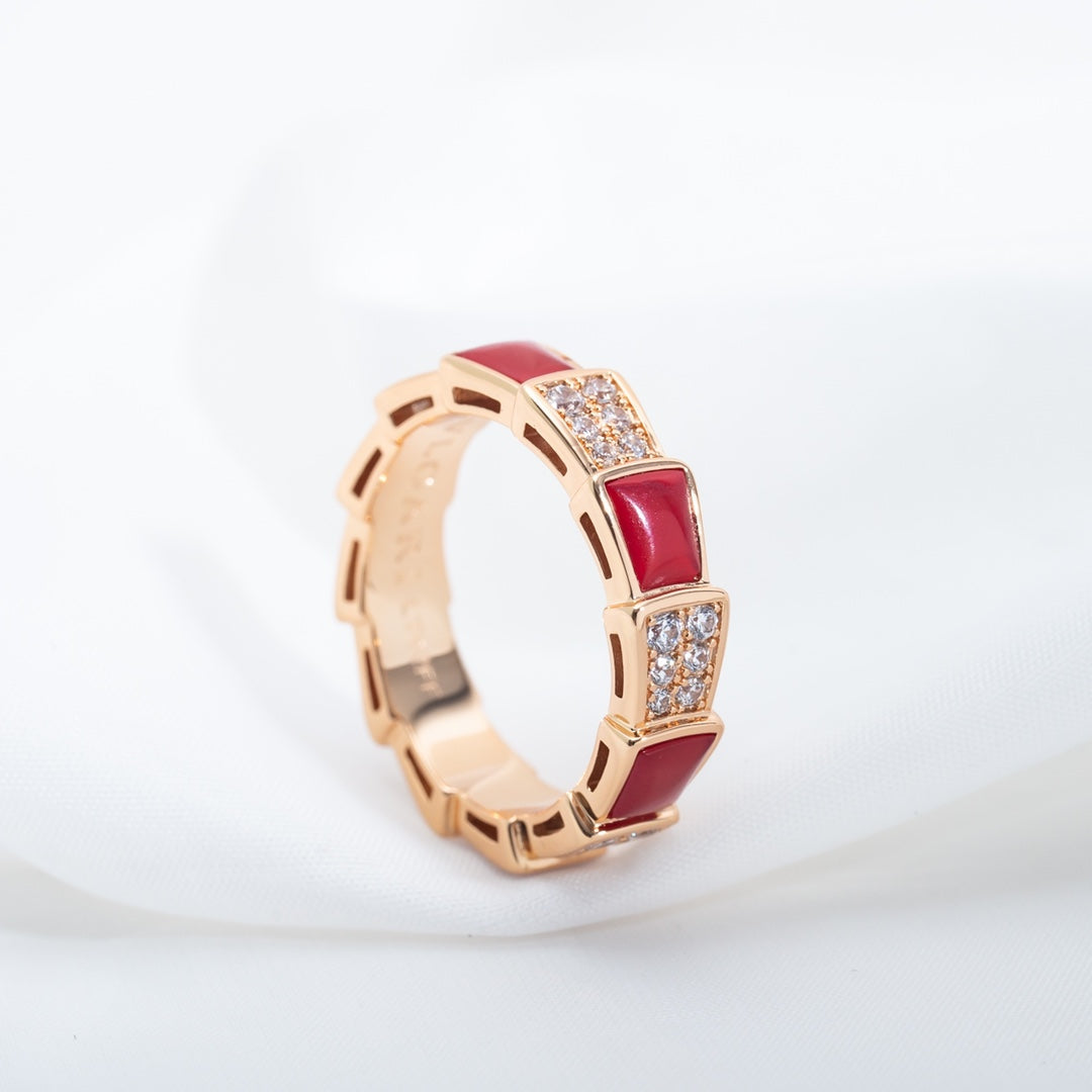 DIANA SERPENTI RING PINK GOLD CARNELIAN DIAMOND PAVED 4MM