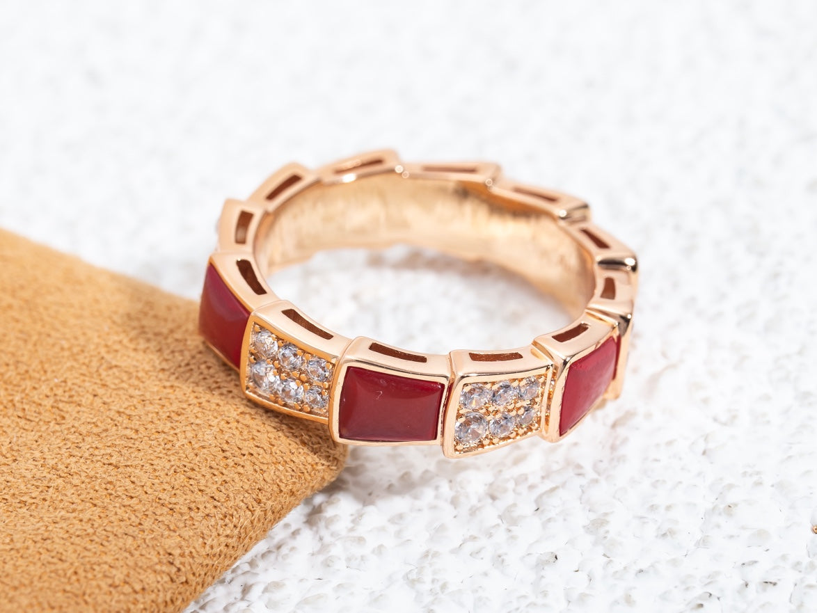 DIANA SERPENTI RING PINK GOLD CARNELIAN DIAMOND PAVED 4MM