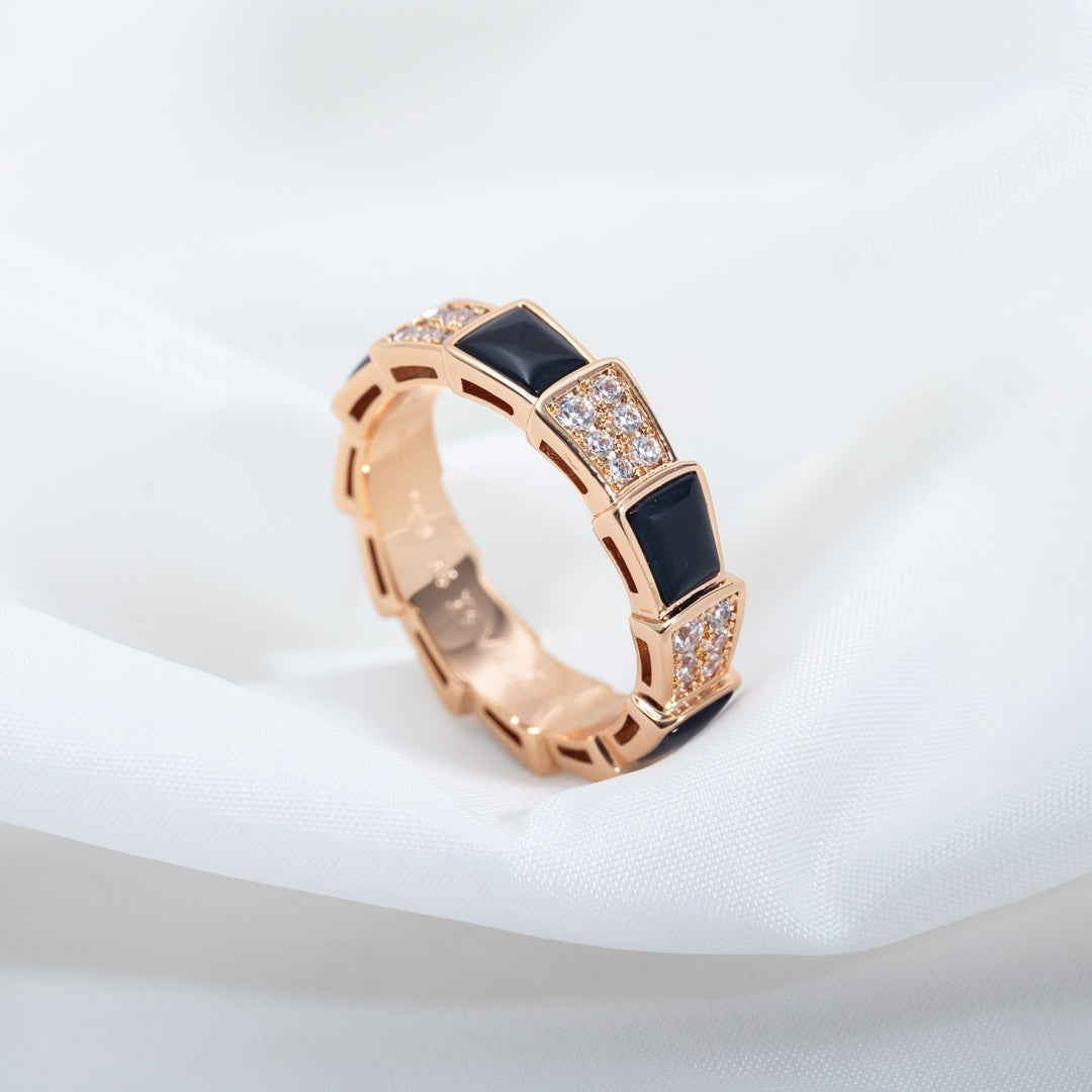 DIANA SERPENTI RING PINK GOLD BLACK MOP DIAMOND PAVED 4MM
