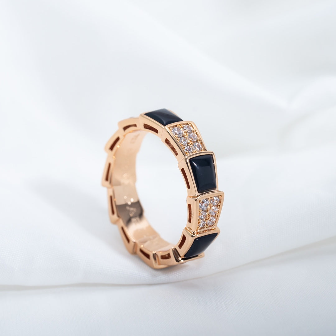 DIANA SERPENTI RING PINK GOLD BLACK MOP DIAMOND PAVED 4MM