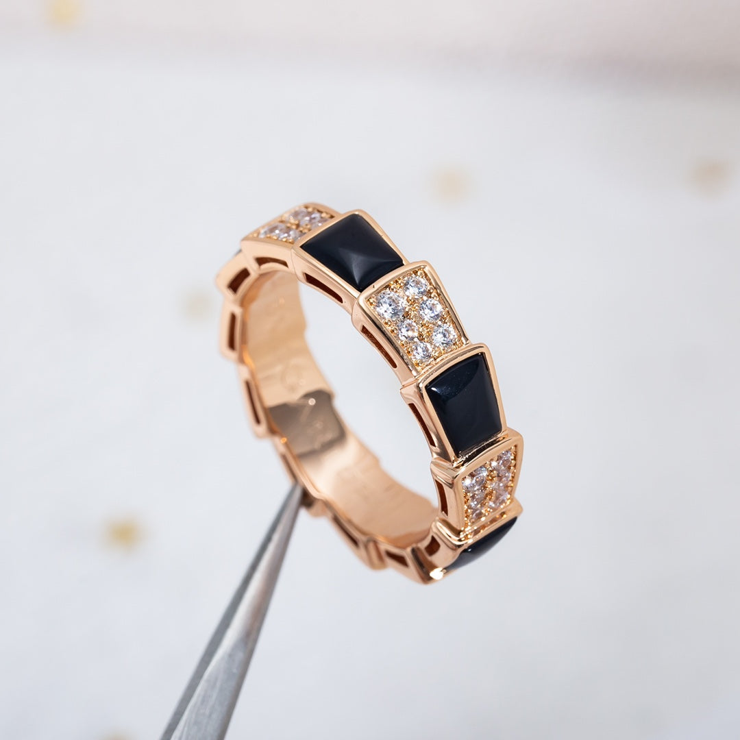 DIANA SERPENTI RING PINK GOLD BLACK MOP DIAMOND PAVED 4MM