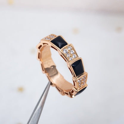 DIANA SERPENTI RING PINK GOLD BLACK MOP DIAMOND PAVED 4MM