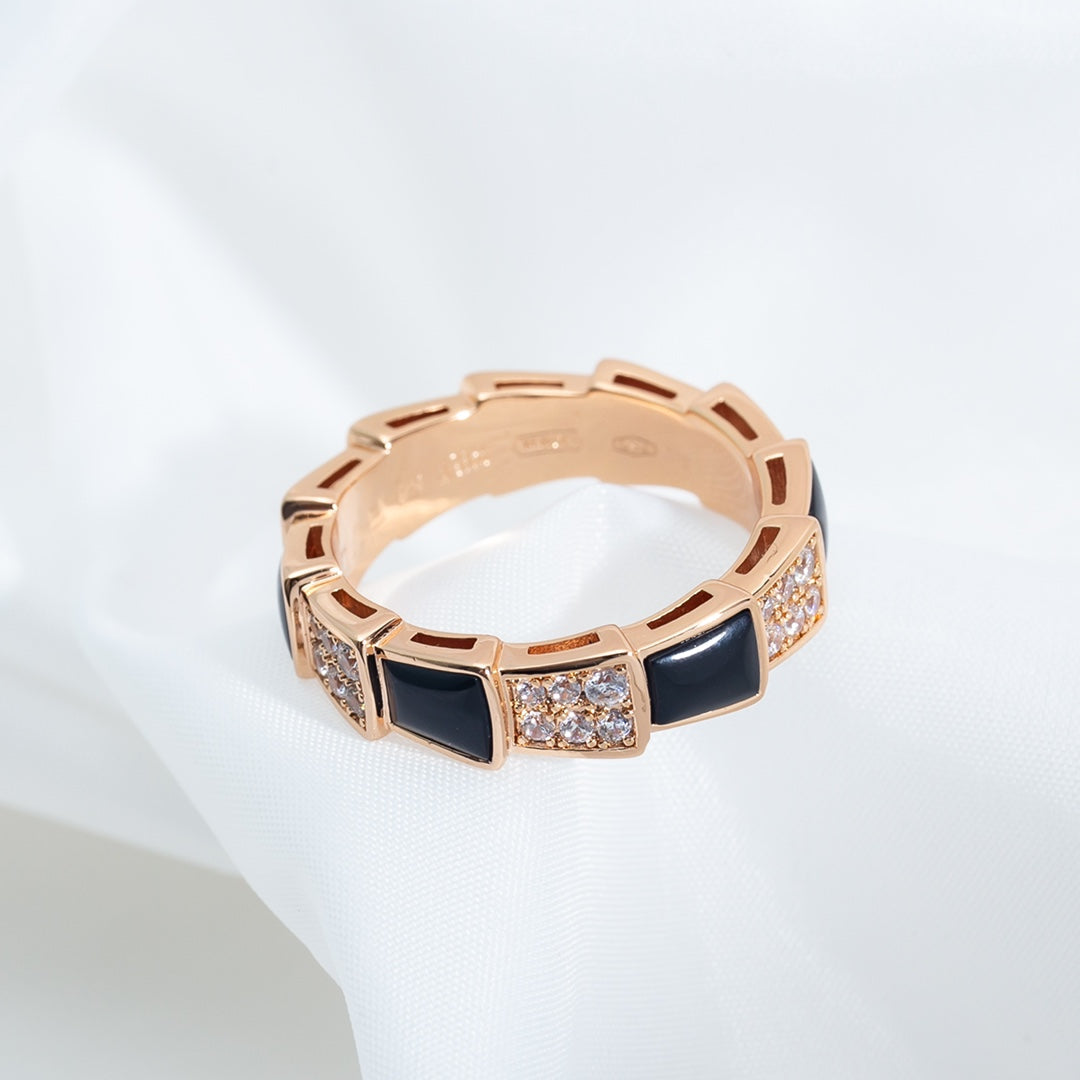 DIANA SERPENTI RING PINK GOLD BLACK MOP DIAMOND PAVED 4MM