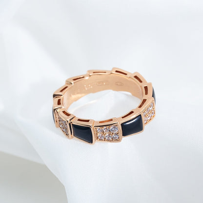 DIANA SERPENTI RING PINK GOLD BLACK MOP DIAMOND PAVED 4MM