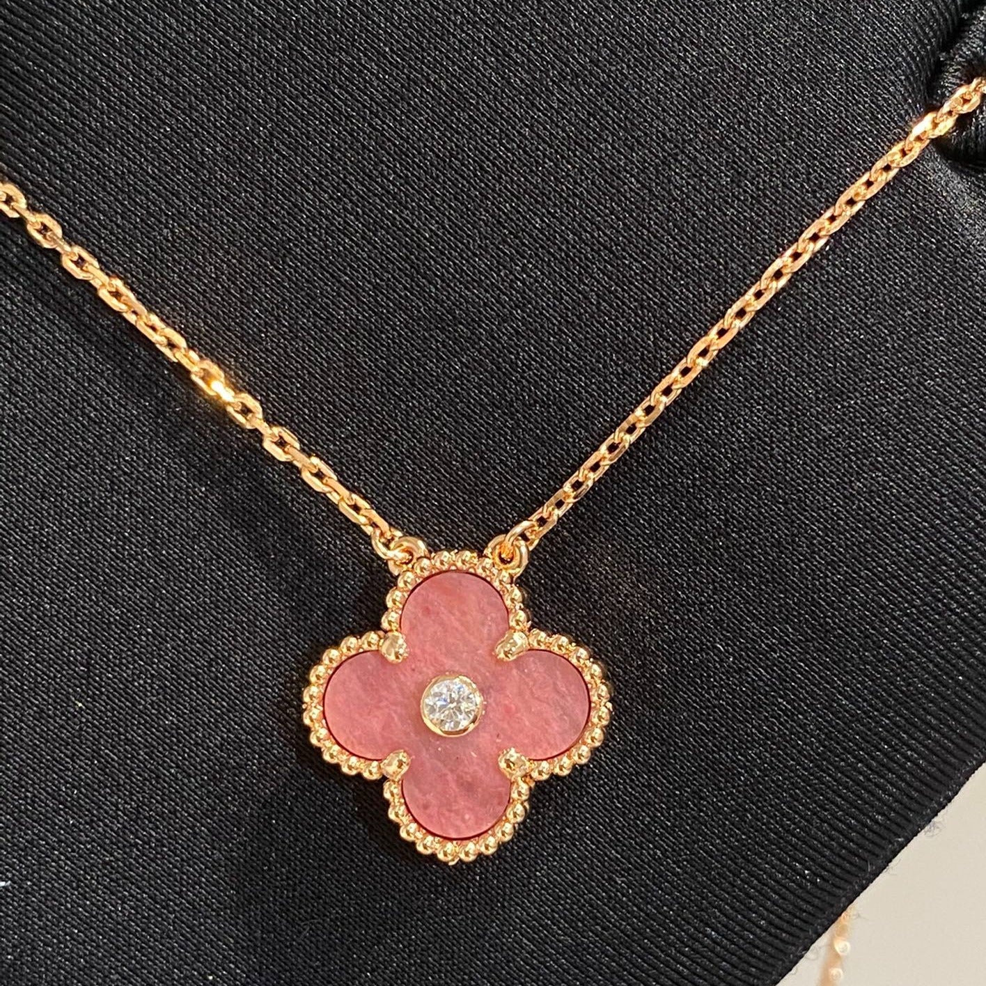 DIANA CLOVER 15MM DIAMOND RHODONITE NECKLACE