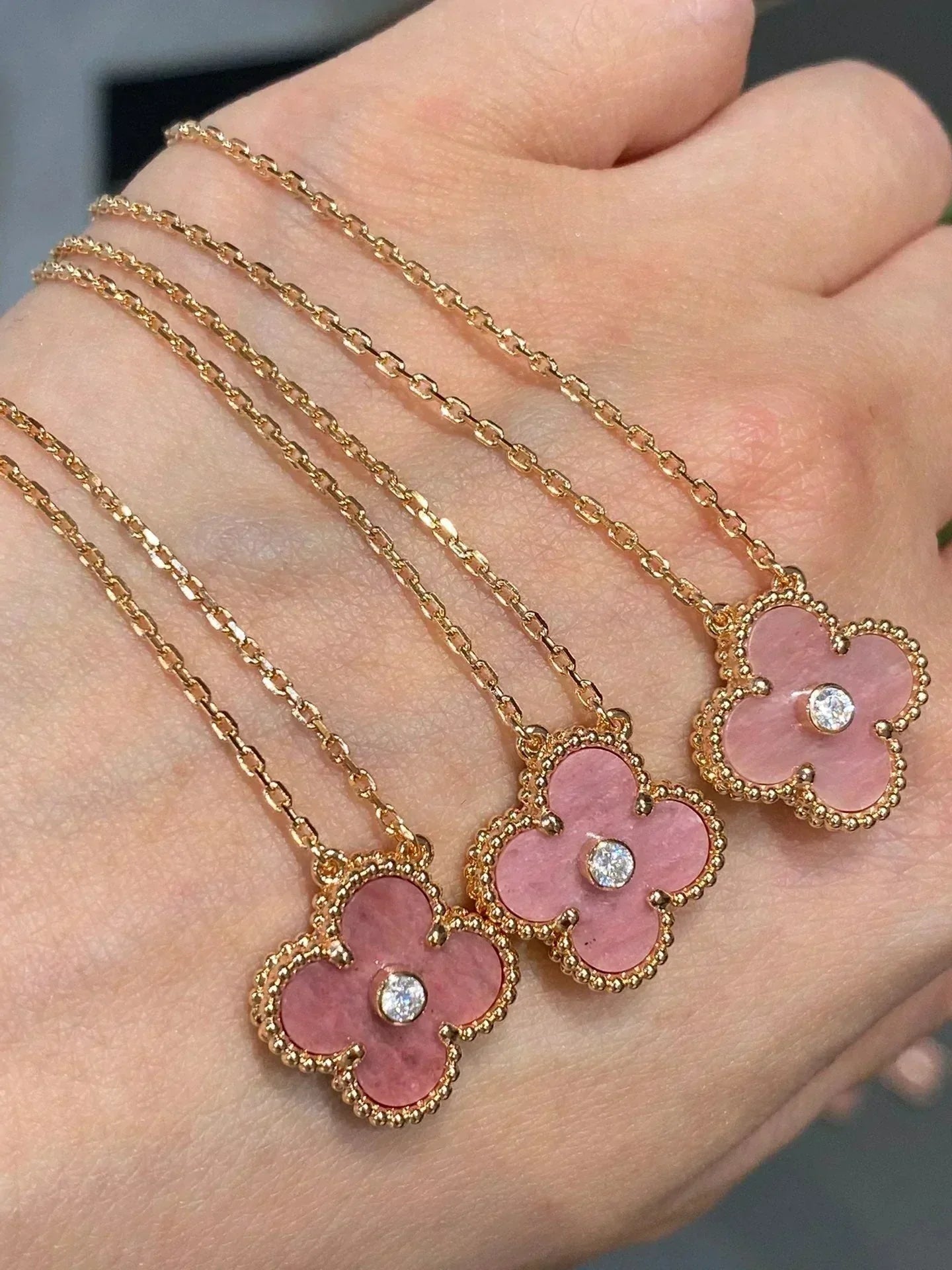 DIANA CLOVER 15MM DIAMOND RHODONITE NECKLACE