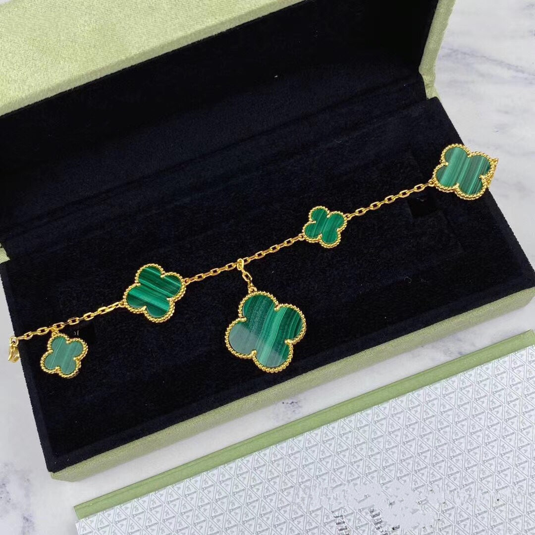 DIANA MAGIC CLOVER MALACHITE GOLD BRACELET 5 MOTIFS