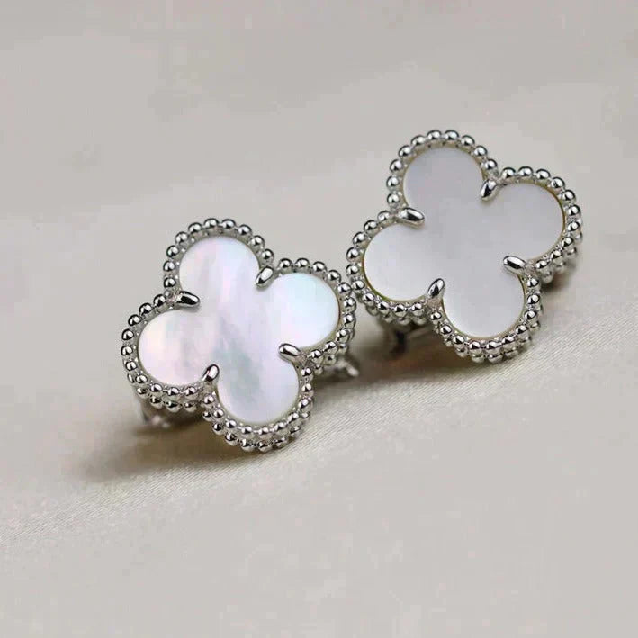 DIANA CLOVER MEDIUM 1 MOTIFS  WHITE MOP EARRINGS SILVER
