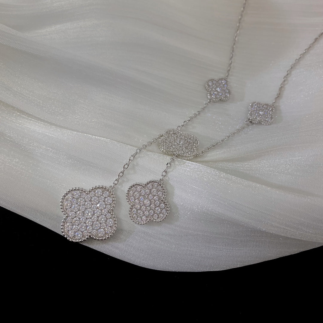 DIANA CLOVER 5 MOTIFS SILVER DIAMONDS NECKLACE