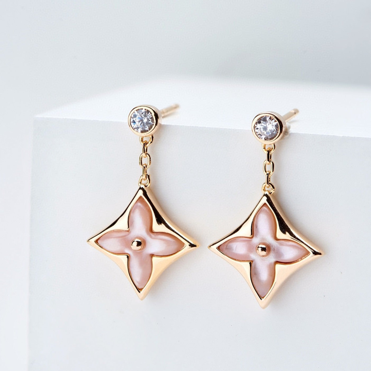 DIANA DOUBLE STAR PINK GOLD MOP DROP EARRINGS