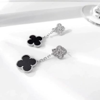 DIANA CLOVER 2 MOTIFS  DIAMOND ONYX EARRINGS SILVER