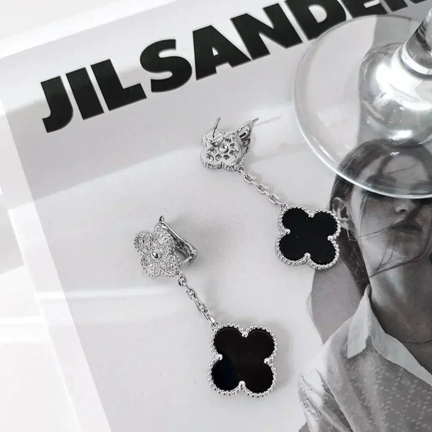 DIANA CLOVER 2 MOTIFS  DIAMOND ONYX EARRINGS SILVER