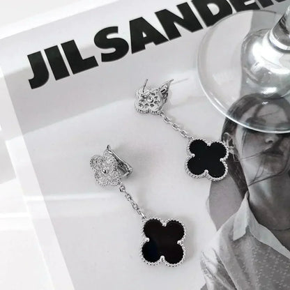 DIANA CLOVER 2 MOTIFS  DIAMOND ONYX EARRINGS SILVER