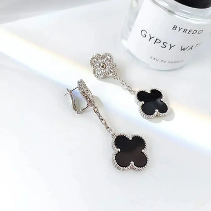 DIANA CLOVER 2 MOTIFS  DIAMOND ONYX EARRINGS SILVER