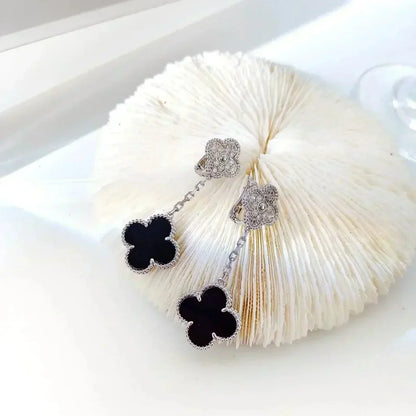 DIANA CLOVER 2 MOTIFS  DIAMOND ONYX EARRINGS SILVER