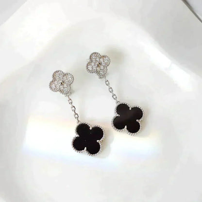 DIANA CLOVER 2 MOTIFS  DIAMOND ONYX EARRINGS SILVER