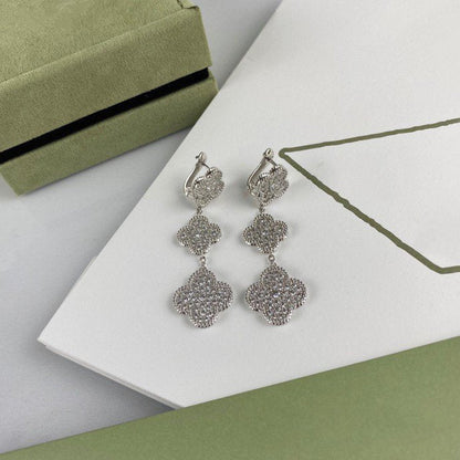 DIANA CLOVER 3 MOTIF DIAMOND SILVER DROP EARRINGS