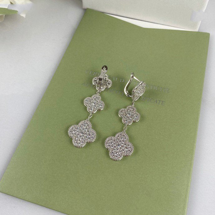 DIANA CLOVER 3 MOTIF DIAMOND SILVER DROP EARRINGS