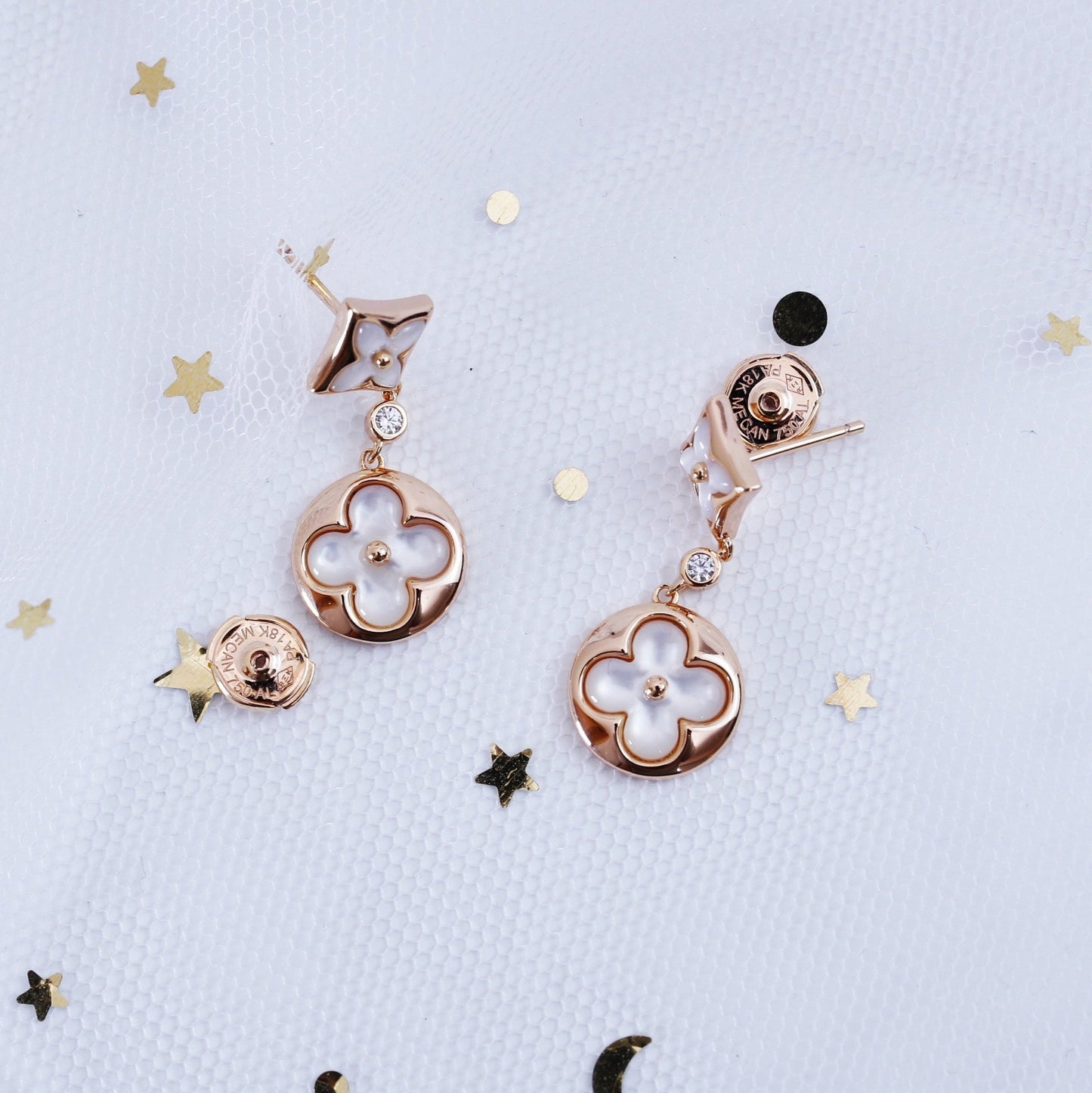 DIANA STAR AND SUN PINK GOLD MOP DROP EARRINGS