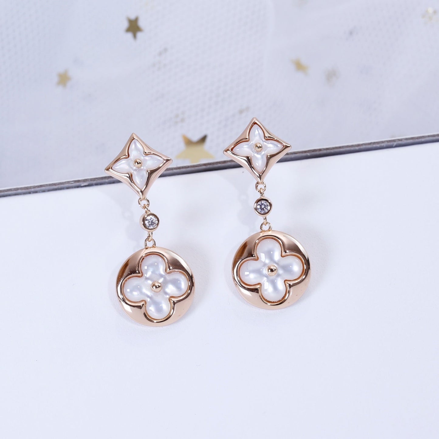DIANA STAR AND SUN PINK GOLD MOP DROP EARRINGS
