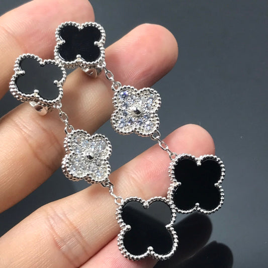 DIANA CLOVER 3 MOTIF DIAMOND ONYX SILVER EARRINGS