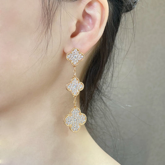 DIANA CLOVER 3 MOTIFS DIAMOND PAVED ROSE GOLD EARRINGS