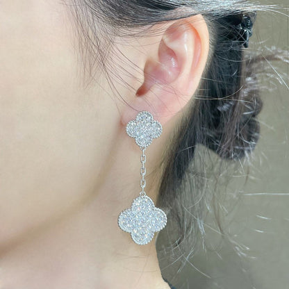 DIANA CLOVER 2 MOTIFS DIAMOND PAVED SILVER EARRINGS