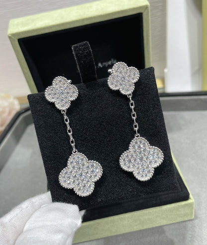 DIANA CLOVER 2 MOTIFS DIAMOND PAVED SILVER EARRINGS