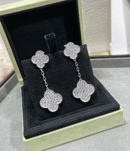 DIANA CLOVER 2 MOTIFS DIAMOND PAVED SILVER EARRINGS